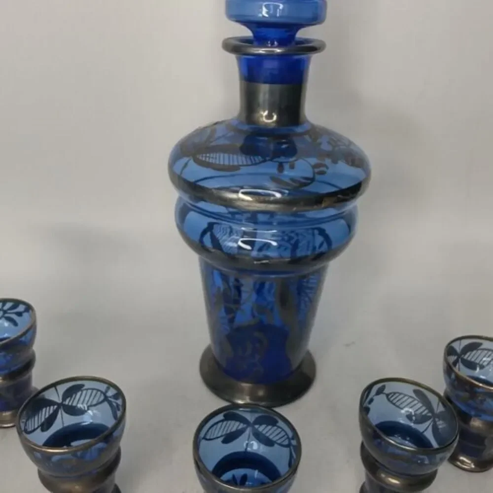 Cobalt blue decanter with silver‎ overlay